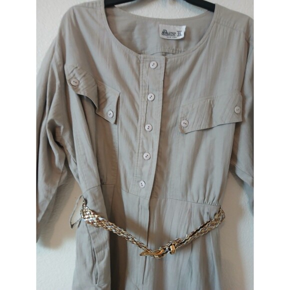 ACT I Womens Jumpsuit Beige Button Up Zipper Pockets 3/4 Sleeve Belt 90’s M - Picture 3 of 16